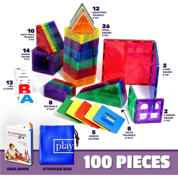 Playmags 100-Piece Magnetic Tiles Building Blocks Set, 3D Magnet Tiles for Kids - Picture 4 of 9